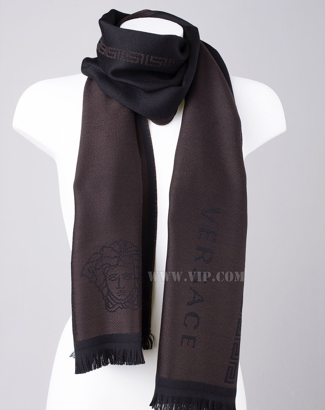 versace 男士经典logo撞色羊毛围巾黑啡色