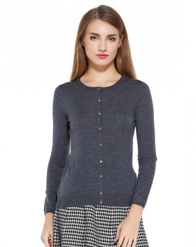 哥弟女款深灰色经典开襟长袖100%羊毛衫