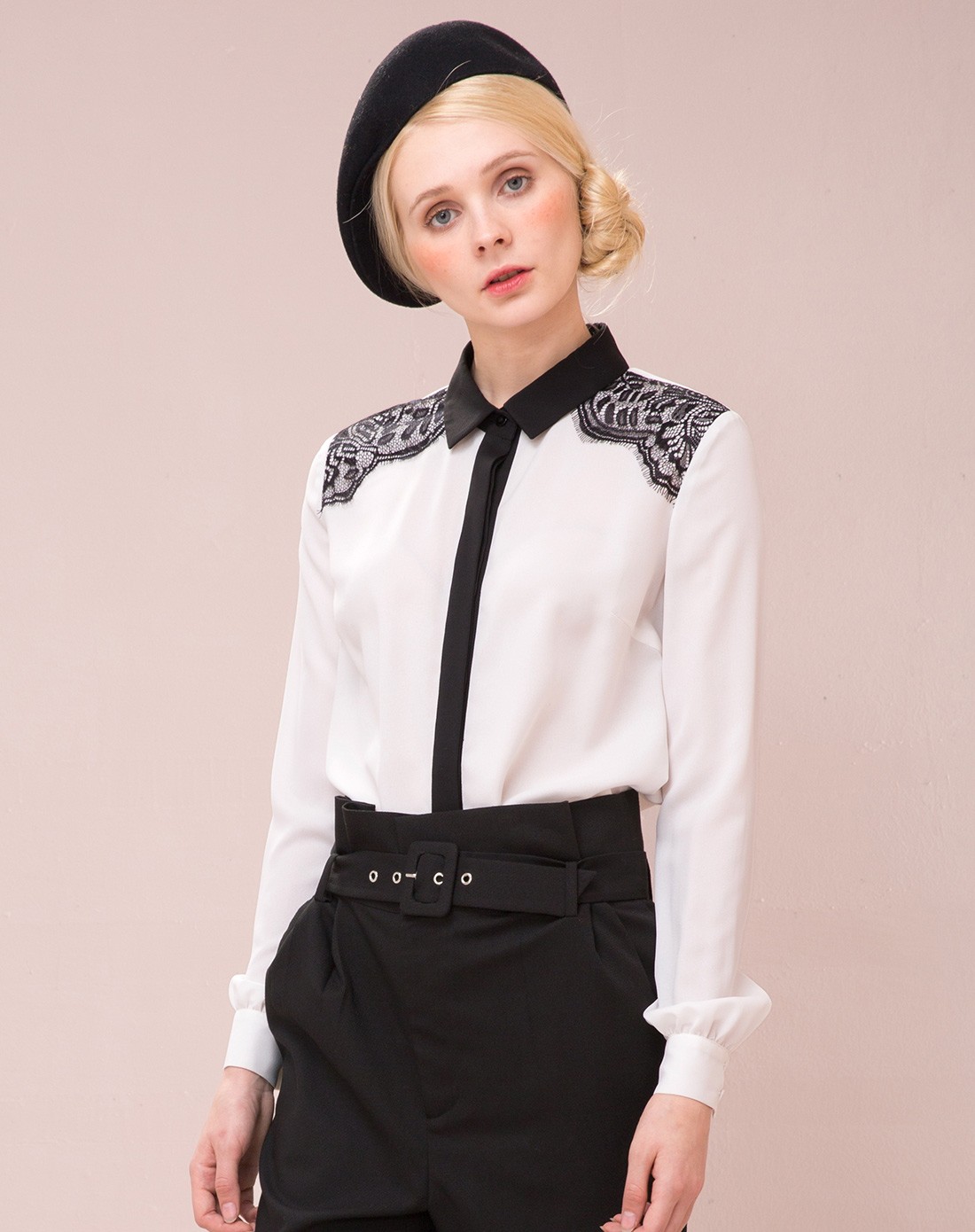 白色休闲雪纺蕾丝边长袖女衬衫