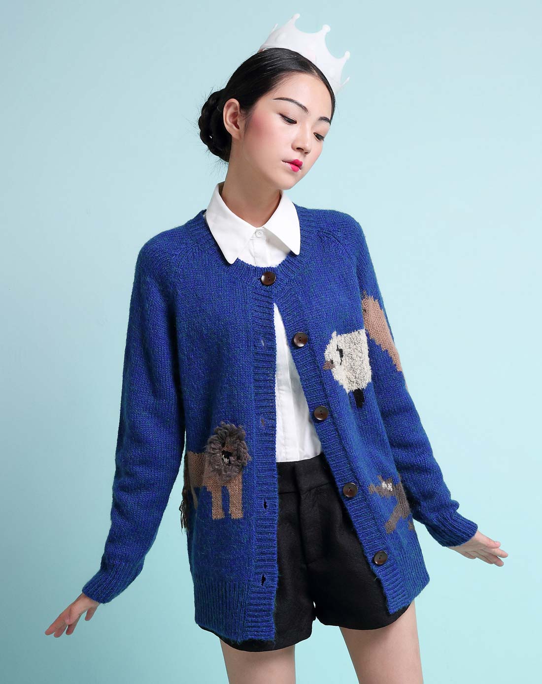 宝蓝色中长款动物图案开衫毛针织衫
