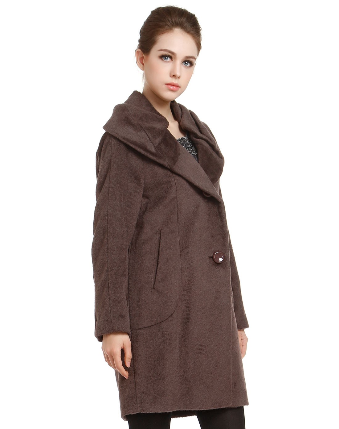 caradisposition灰棕色简洁翻领长袖大衣