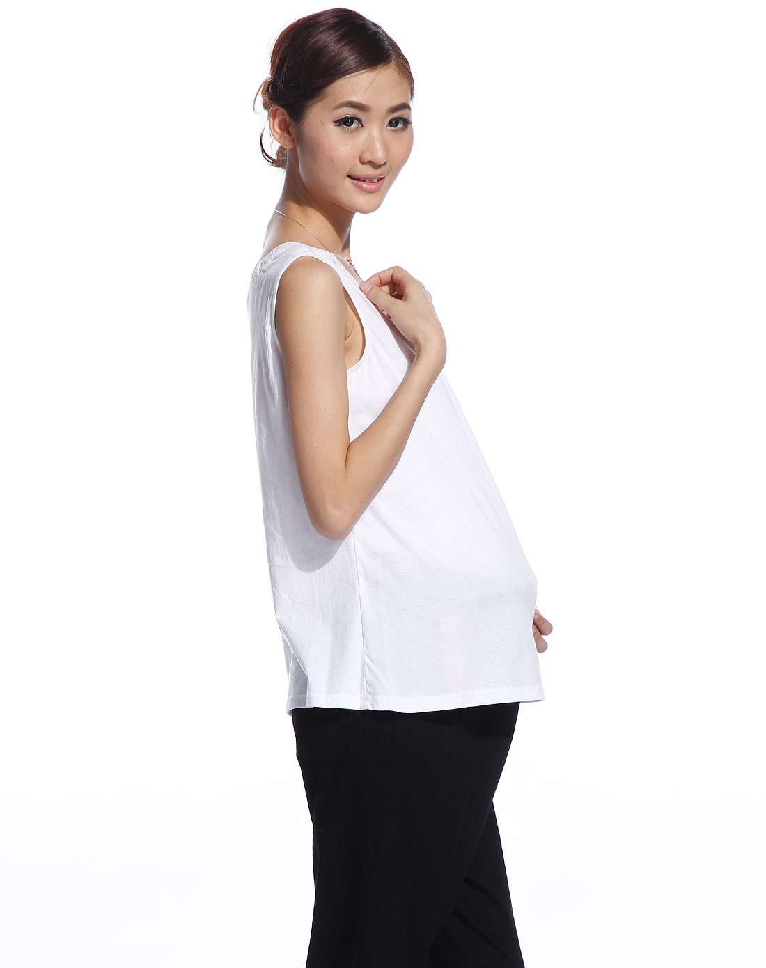 奇妮白色蕾丝无袖孕妇上衣