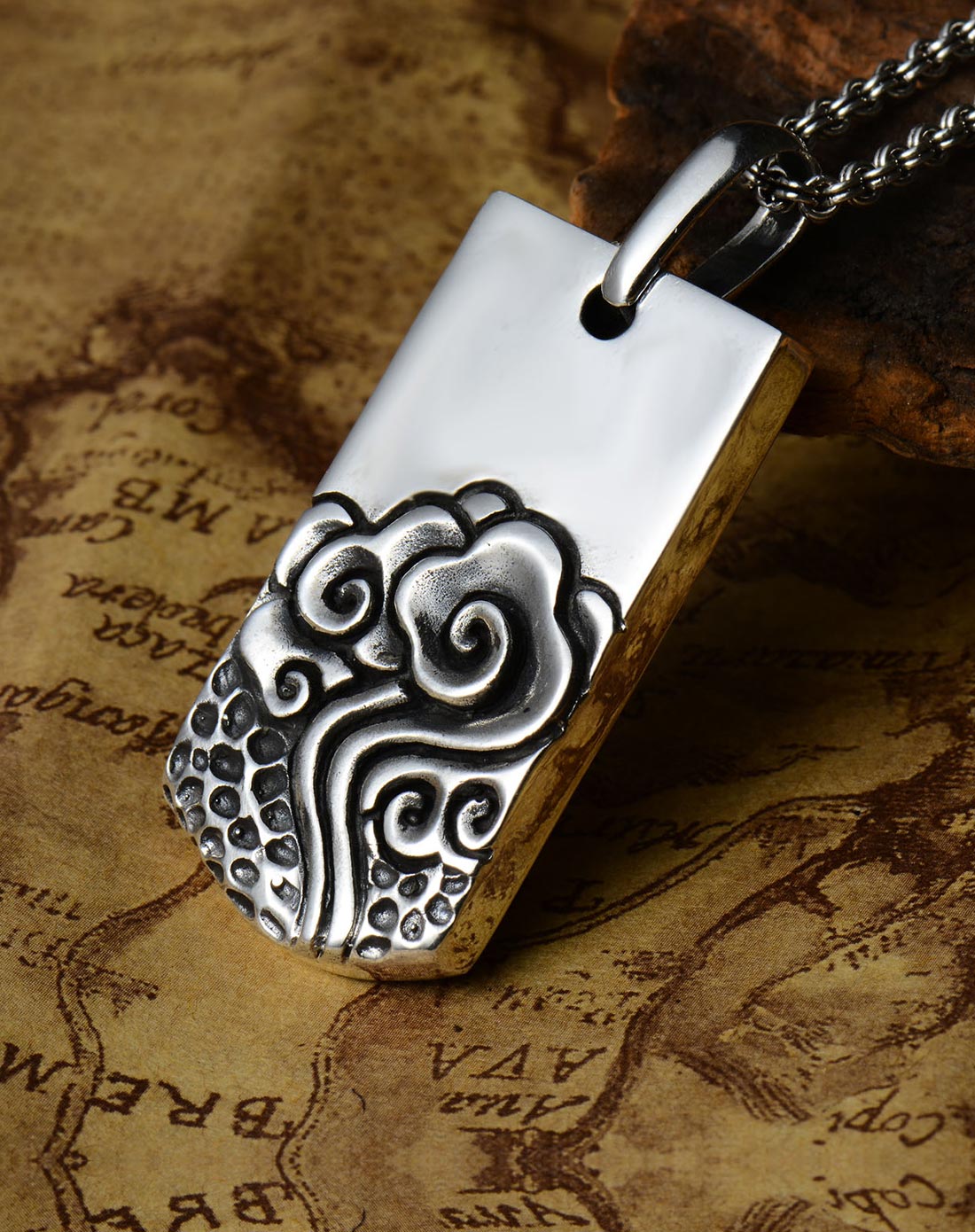 s925纯银项链高浮雕如意祥云牌