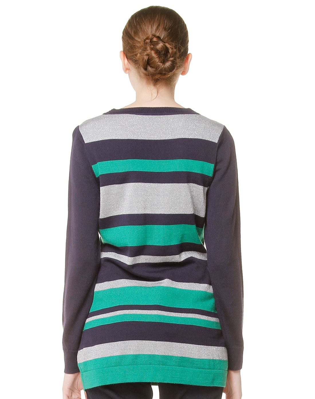 藏青/绿色圆领条纹长袖长款针织衫