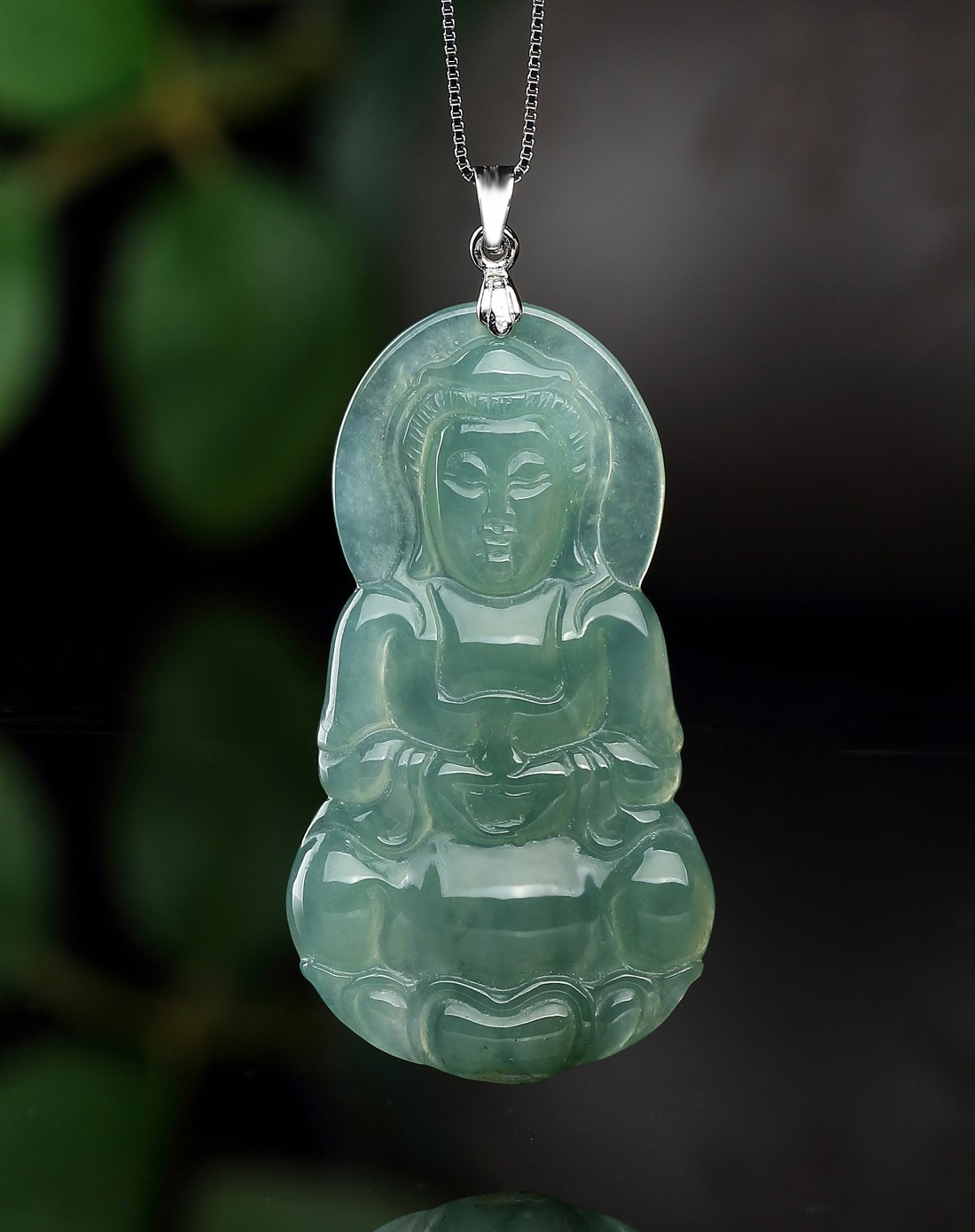 s925纯银镶扣细腻冰种油青绿底赐福观音天然a货翡翠吊坠