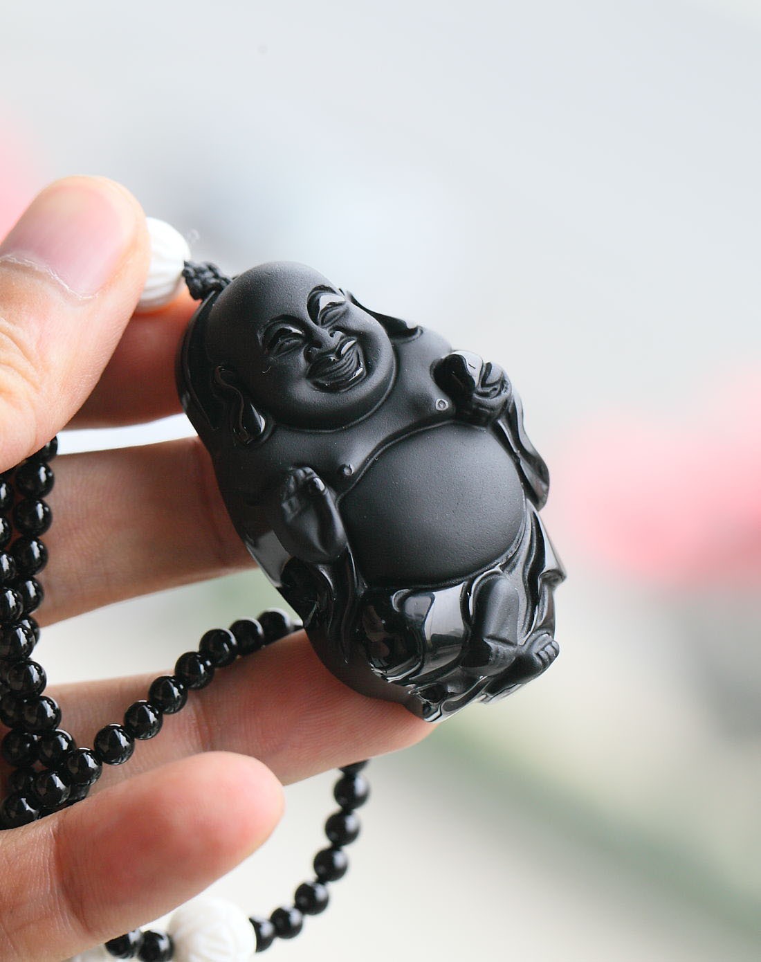 天然黑曜石逍遥佛吊坠