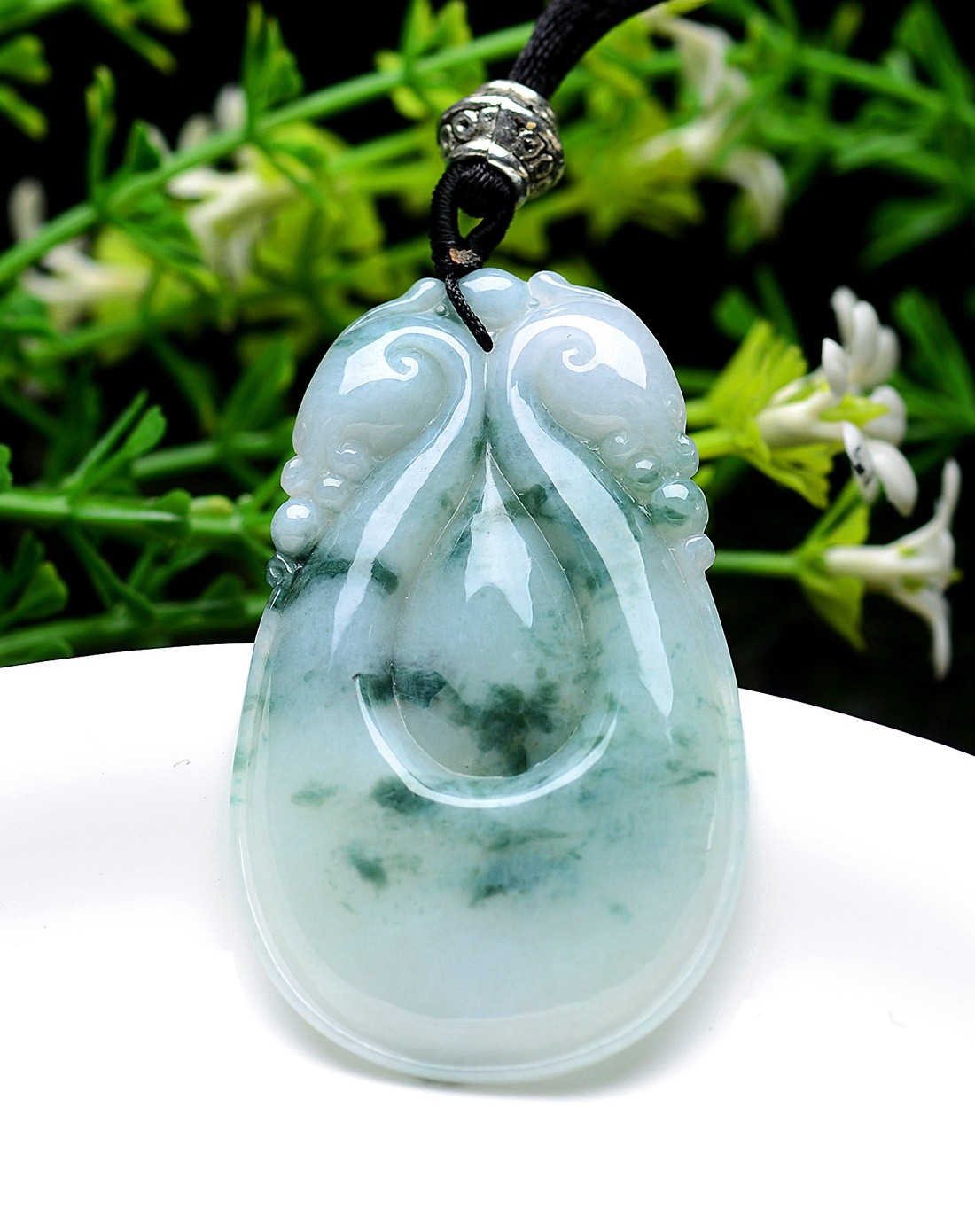 a货翡翠糯种飘蓝花饱满福在眼前吊坠