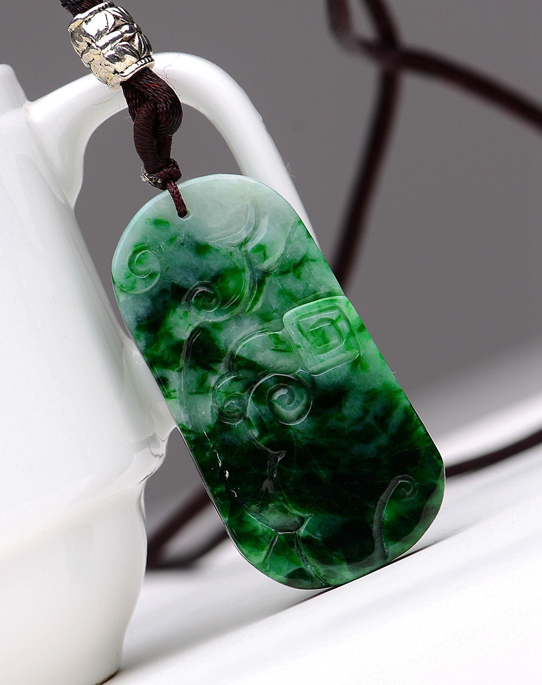 a货翡翠花青种浓翠喜事连连吊坠