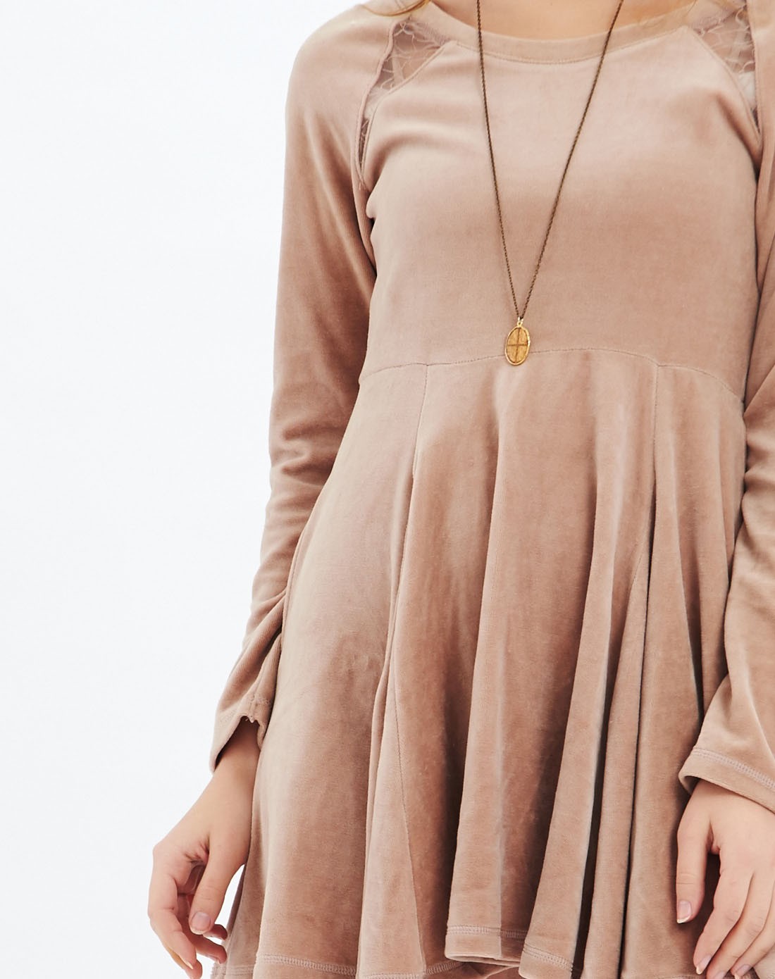 coco deal& rouge diamant女装粉杏色圆领甜美蕾丝拼接长袖连衣裙