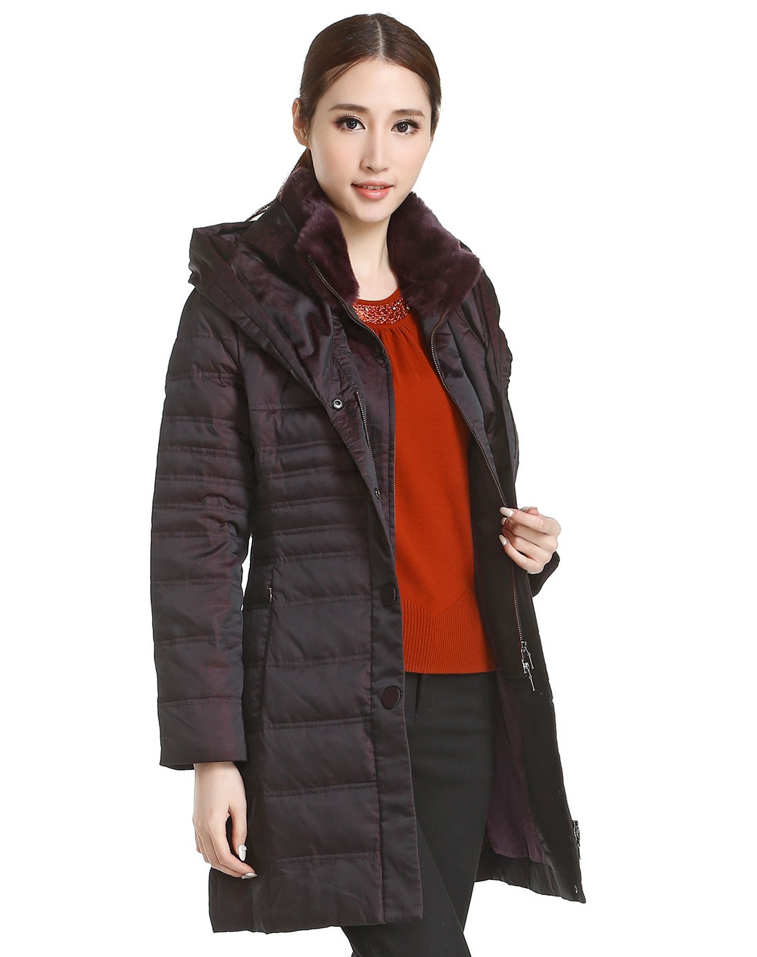 蒂尔koradior黑/紫红色连帽毛领高端时尚长袖羽绒服k12h9r1309_唯品会