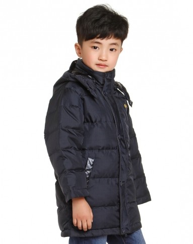 朋库一代 男童宝蓝色织格长款长袖羽绒服