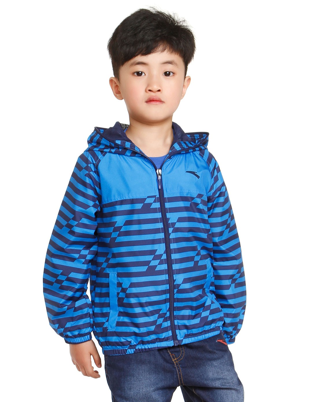 大童 男童款蓝色连帽长袖外套 潮流条纹