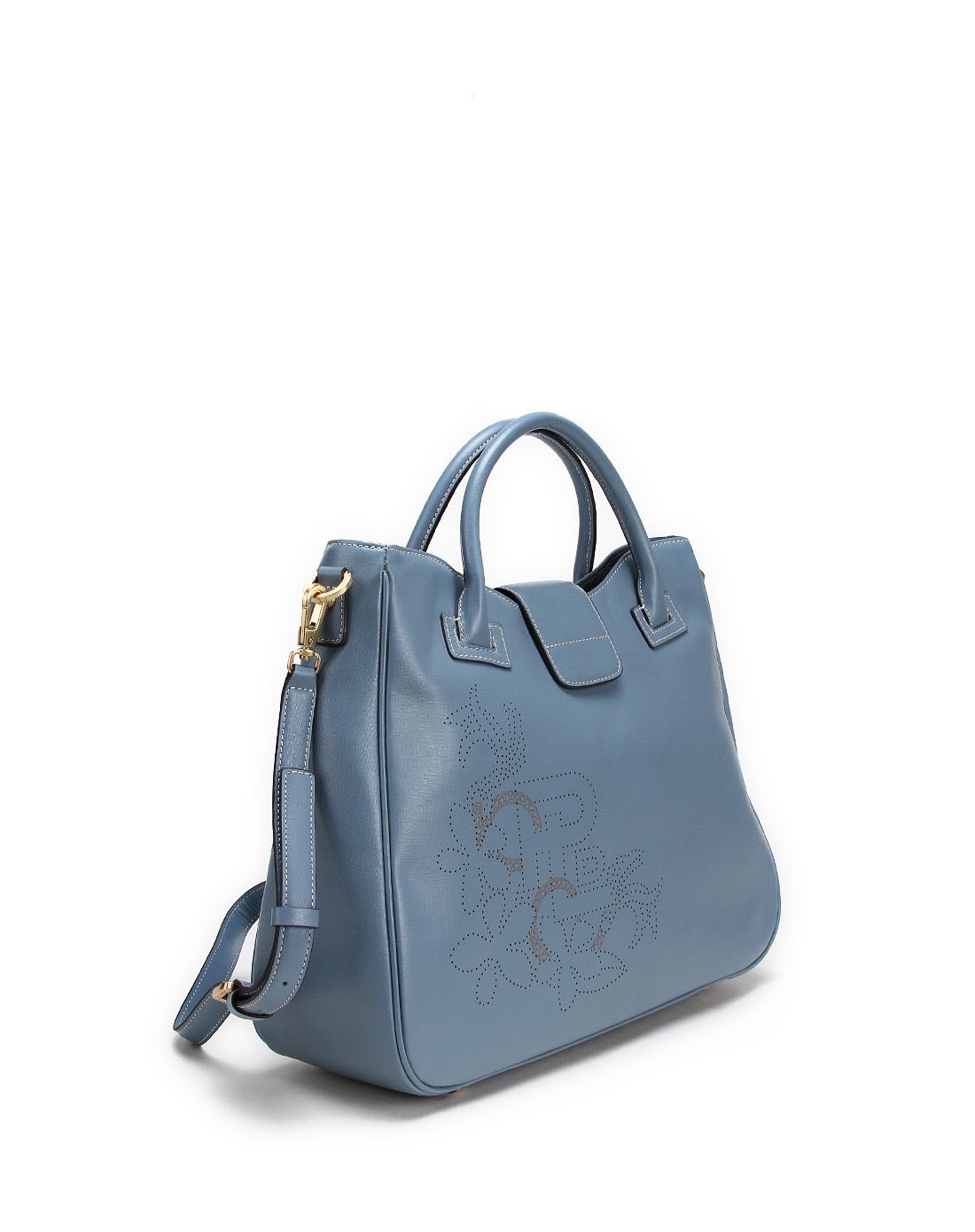 保兰德powerland男女皮具专场女款浅蓝色素雅冲孔印图手拎包pc103950