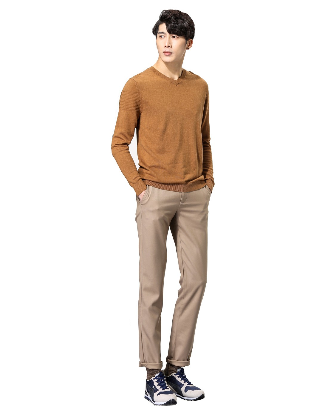 男款黄咖色时尚休闲合体羊毛套头毛衫