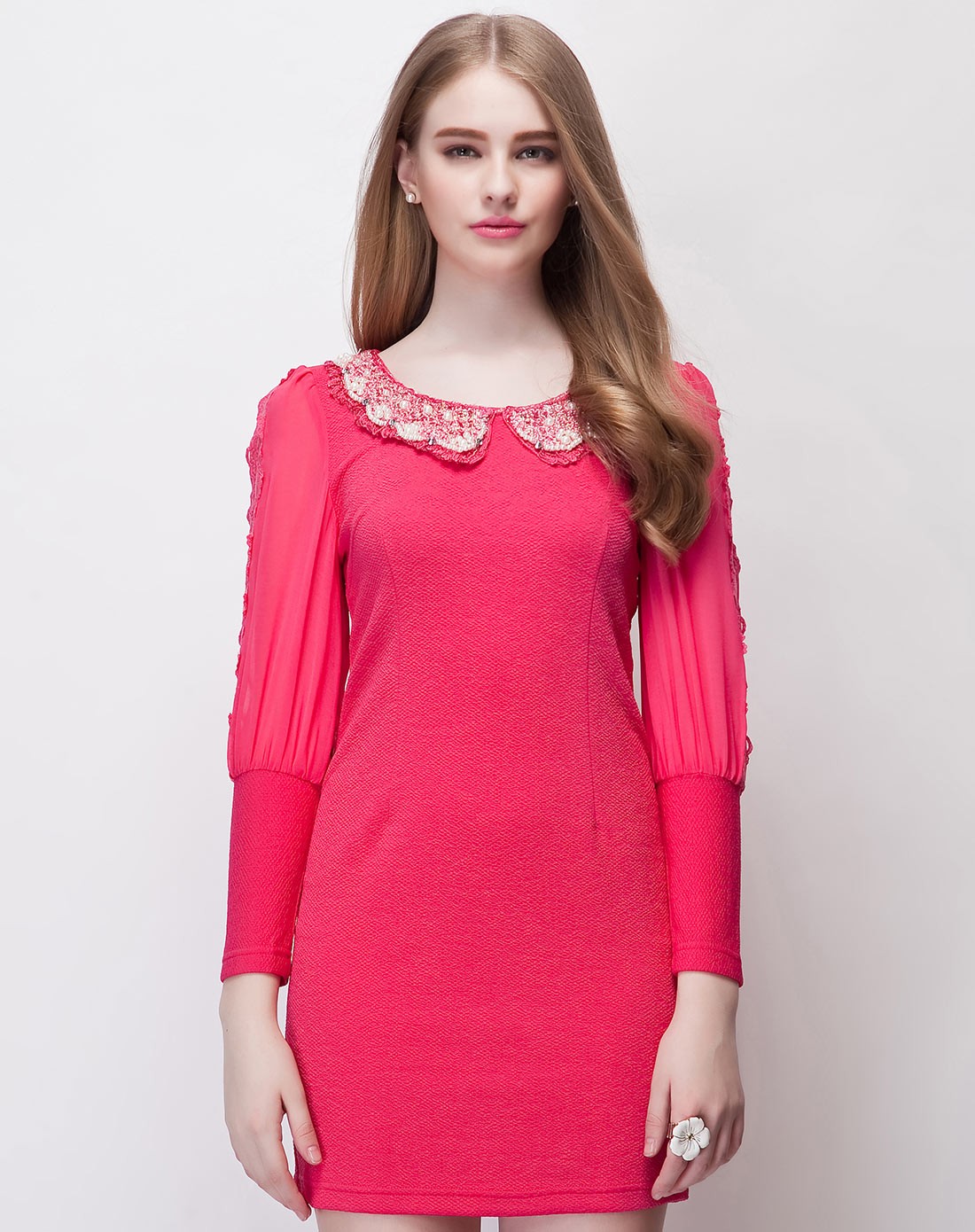 女款玫红七分袖连衣裙