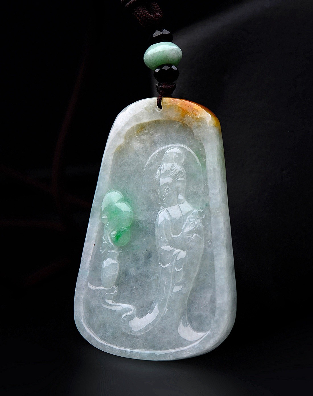 a货翡翠冰糯种三彩杨柳观音吊坠