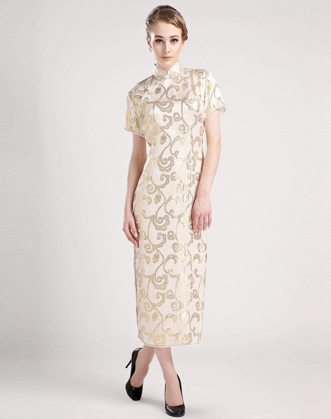 女款米色祥云真丝短袖旗袍