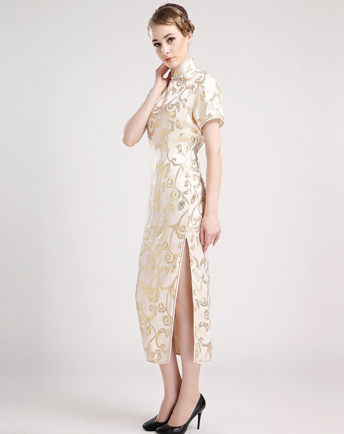 女款米色祥云真丝短袖旗袍