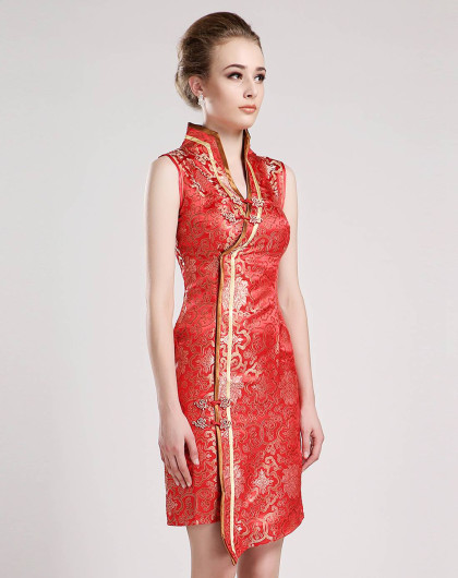 女款大红色祥云花长短襟无袖旗袍