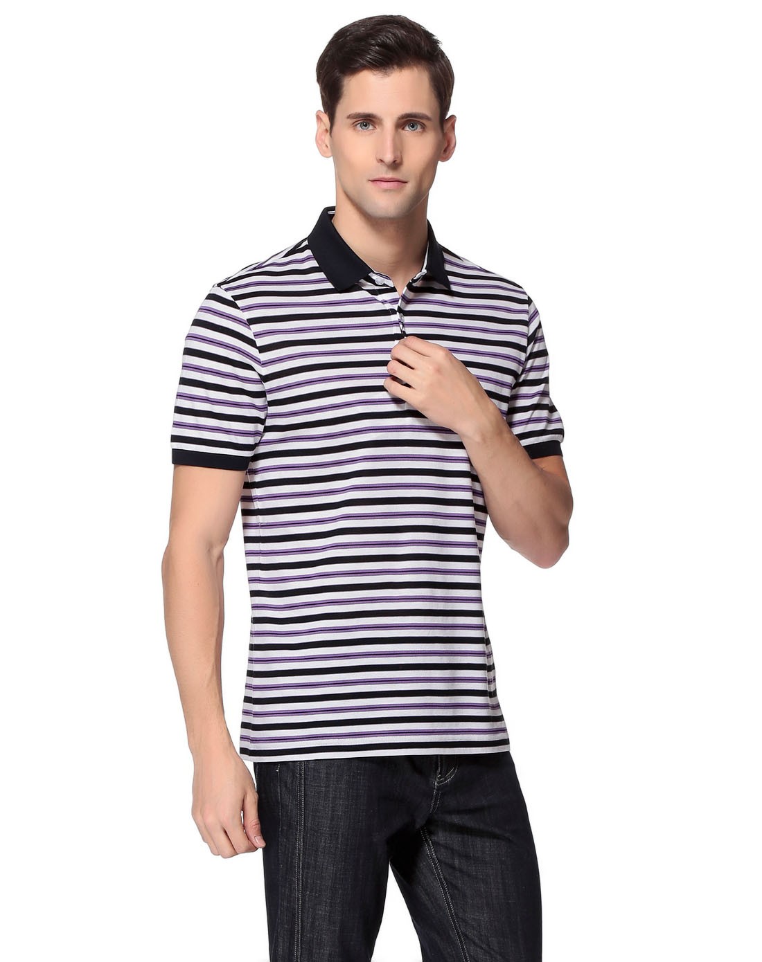 阿格纳dutti original男装移动端专场紫/白色都市休闲翻领条纹短袖t恤