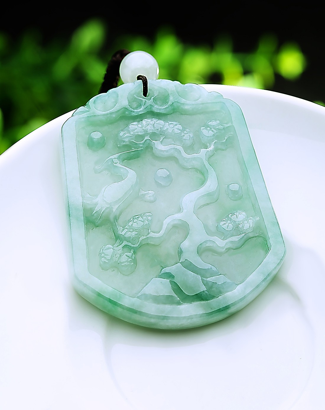 精雕超细腻冰种飘蓝雪花棉一鹭莲升牌 仙鹤吊坠