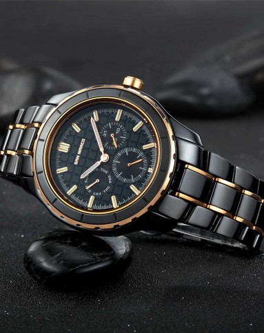 全黑陶瓷夜光玫瑰金多功能石英男表(传奇系列)
