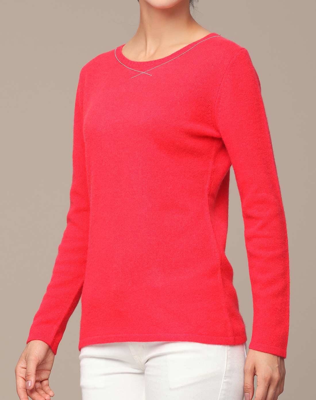 女款圆领玫红色长袖纯羊绒衫