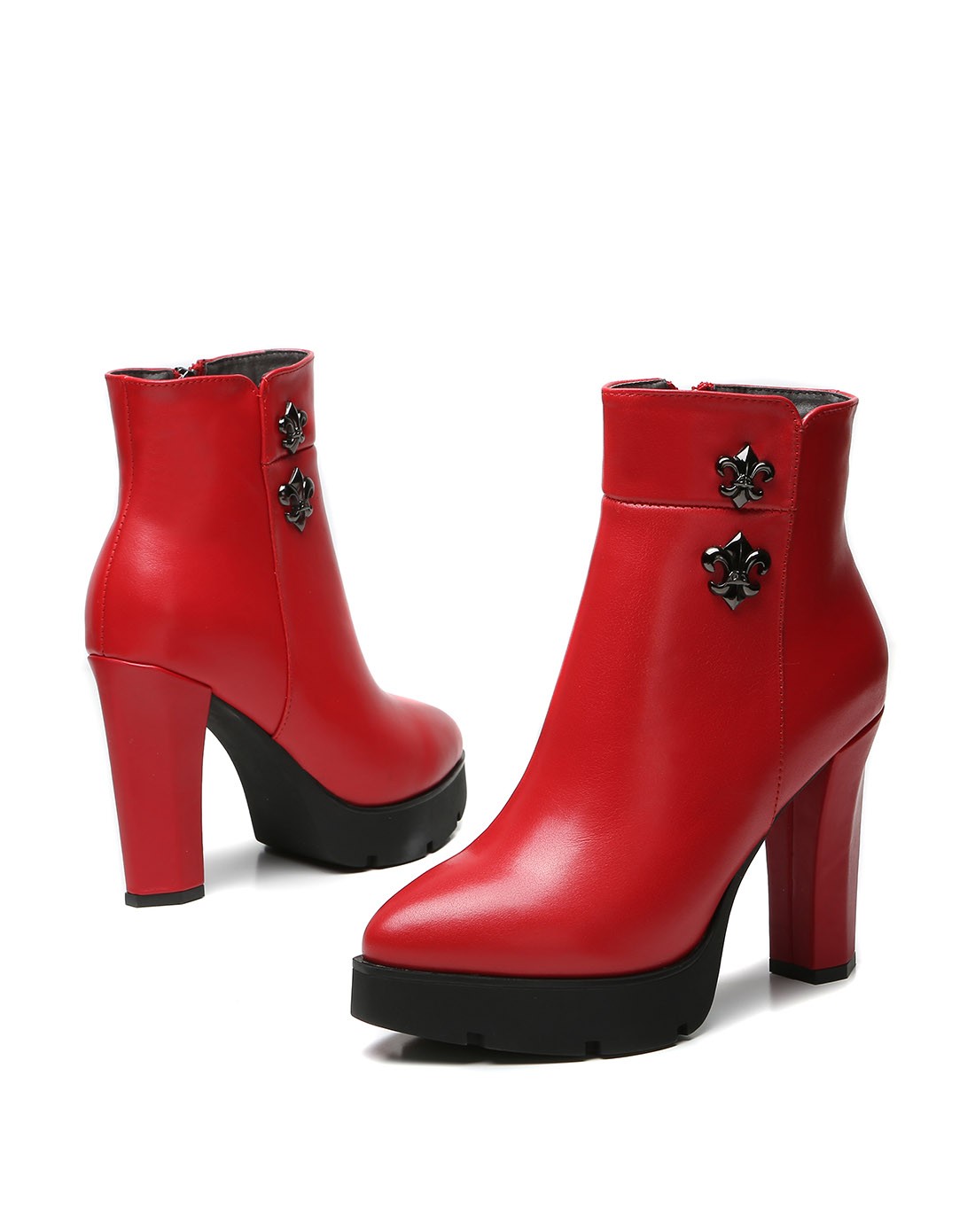 女款红色粗高跟短靴头层牛皮时尚靴子