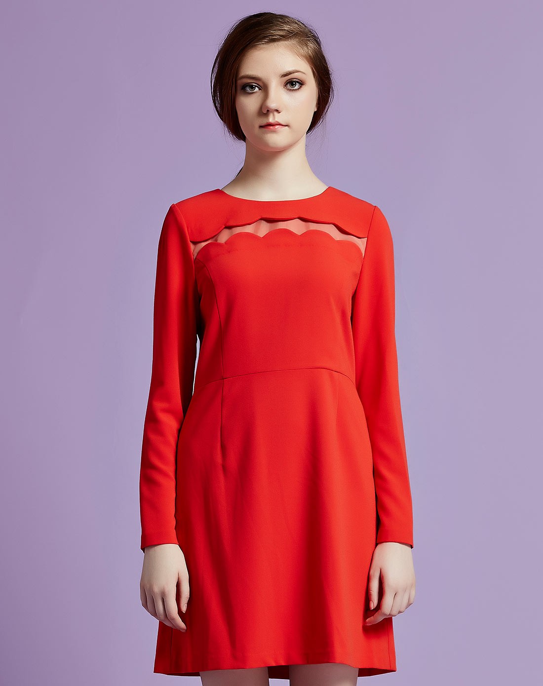 橙红色简约优雅长袖连衣裙
