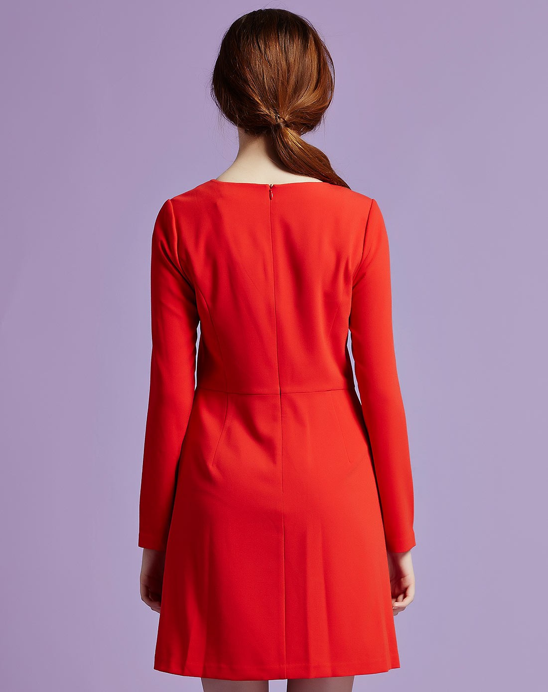 橙红色简约优雅长袖连衣裙