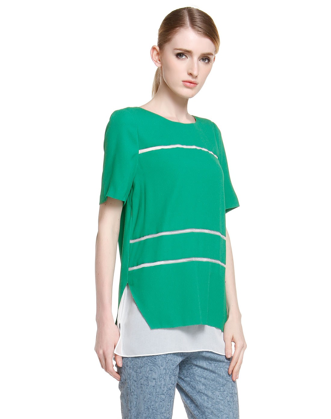 翠绿色圆领素雅短袖雪纺上衣