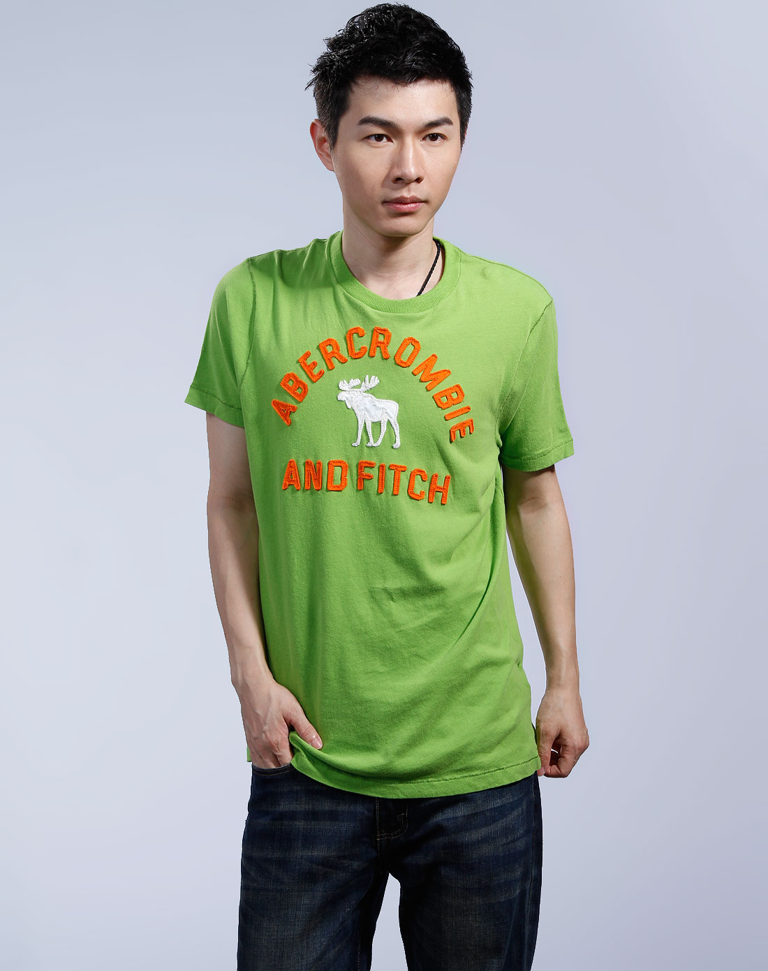 abercrombie & fitch 男款绿色字母贴布短袖休闲t恤