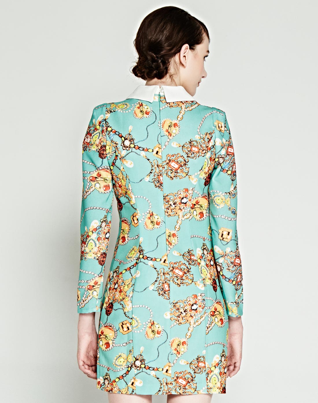 蓝色倾情lesies 蓝绿色复古宝石印花长袖连衣裙