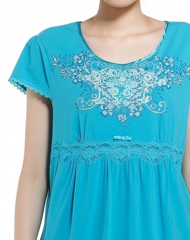 侬媚儿女款翠兰色优雅高贵印花套装