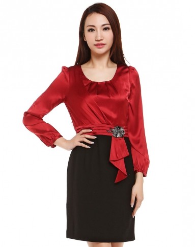 红人honrn枣红/黑色优雅腰间装饰长袖连衣裙h21ol450111_唯品会