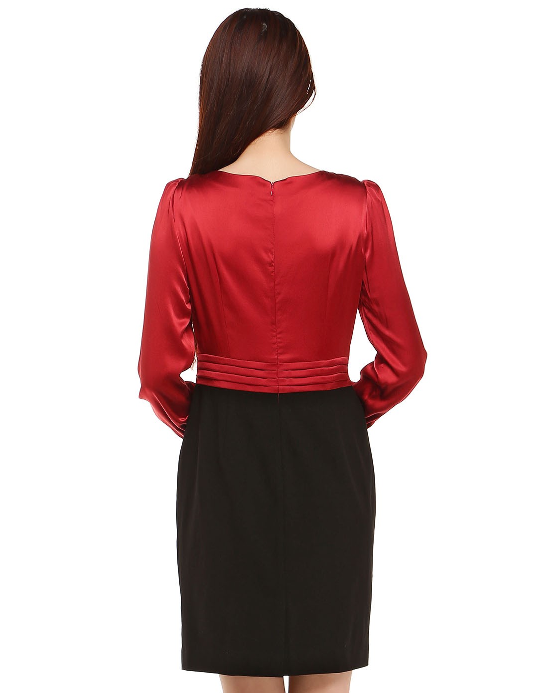 红人honrn枣红/黑色优雅腰间装饰长袖连衣裙h21ol450111_唯品会