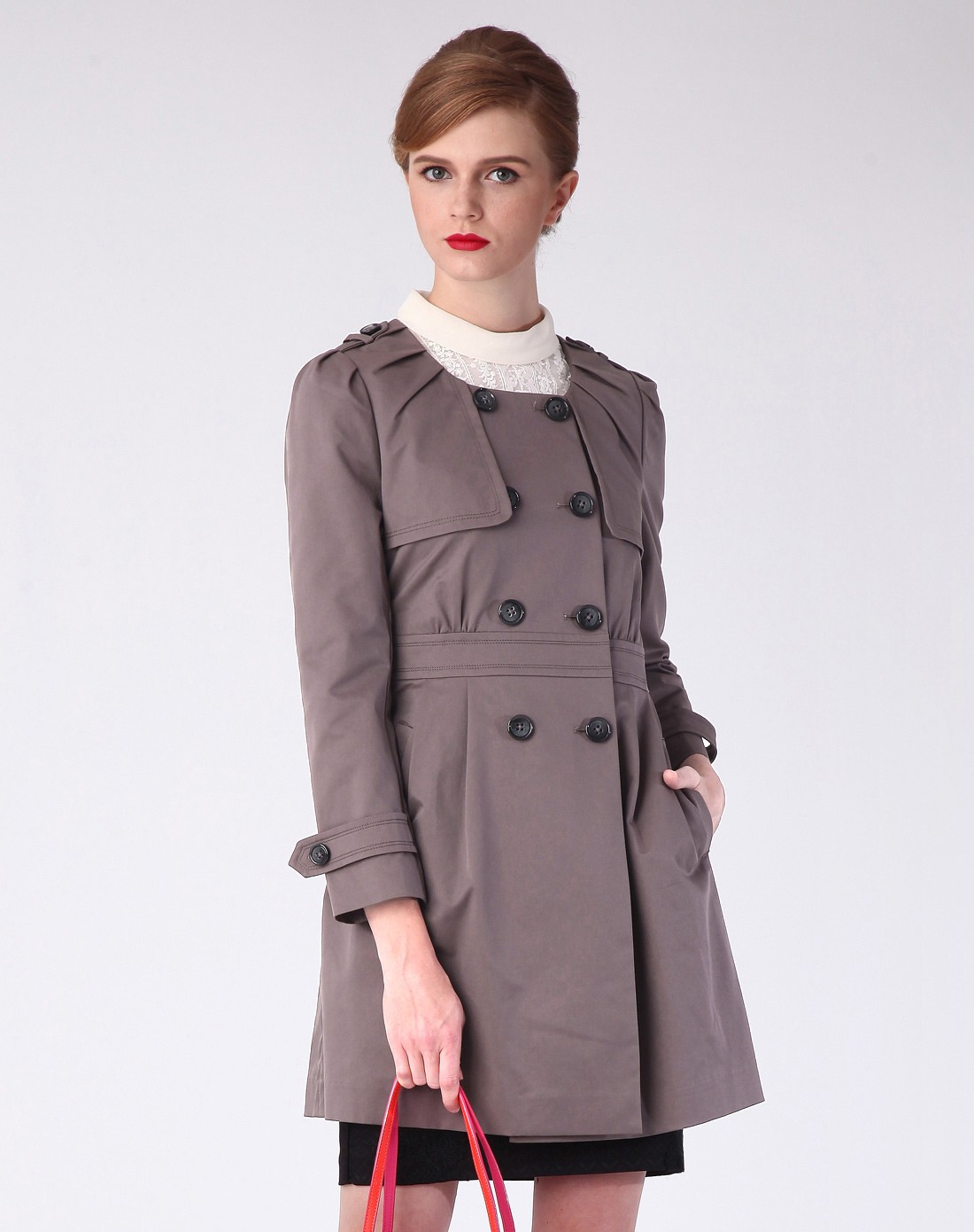 无领双排扣高腰风衣