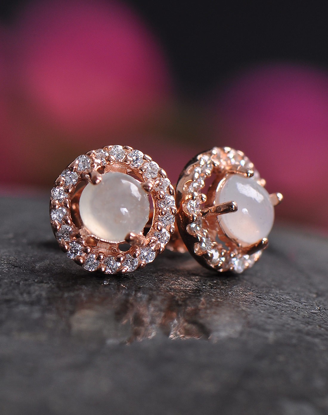 925玫瑰银镶锆石冰种翡翠耳钉冰润可人