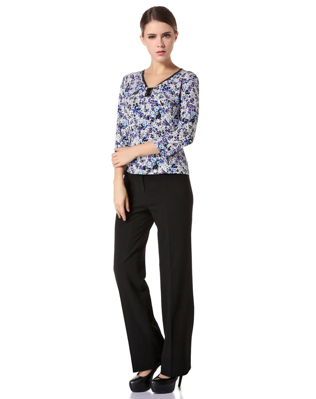 蒙迪爱尔紫/多色印花烫珠八分袖上衣m13bs0092712_唯品会