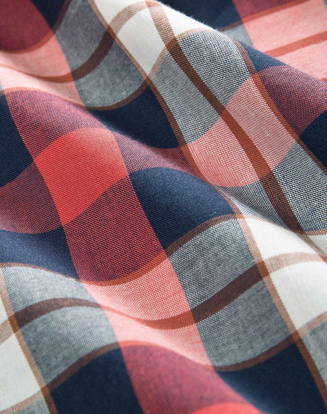 男士红蓝格纯棉修身七分袖衬衫