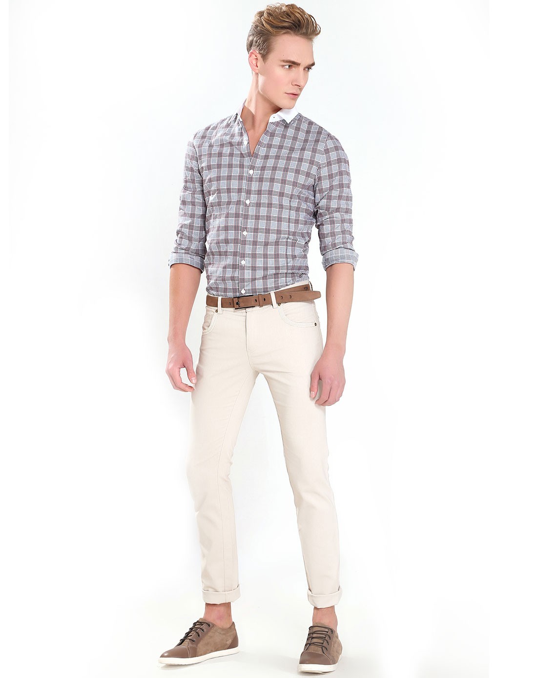 汉崇himuomo男装移动端专场暗红格纹男斯文男修腰长袖衬衣86151-401