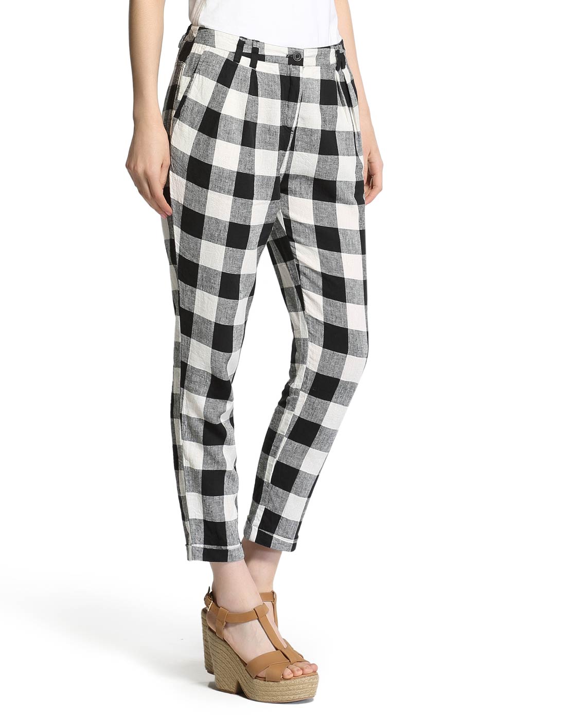 黑白灰三色格子亚麻长裤哈伦裤