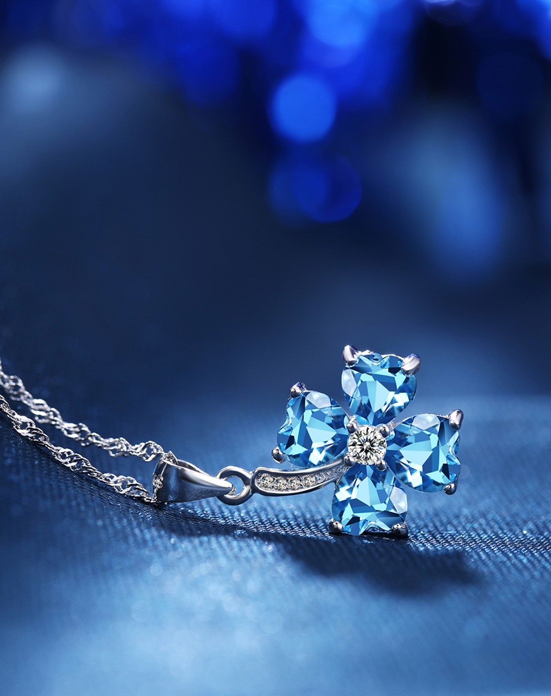 天然托帕石纯银项链幸运四叶草 瑞士蓝