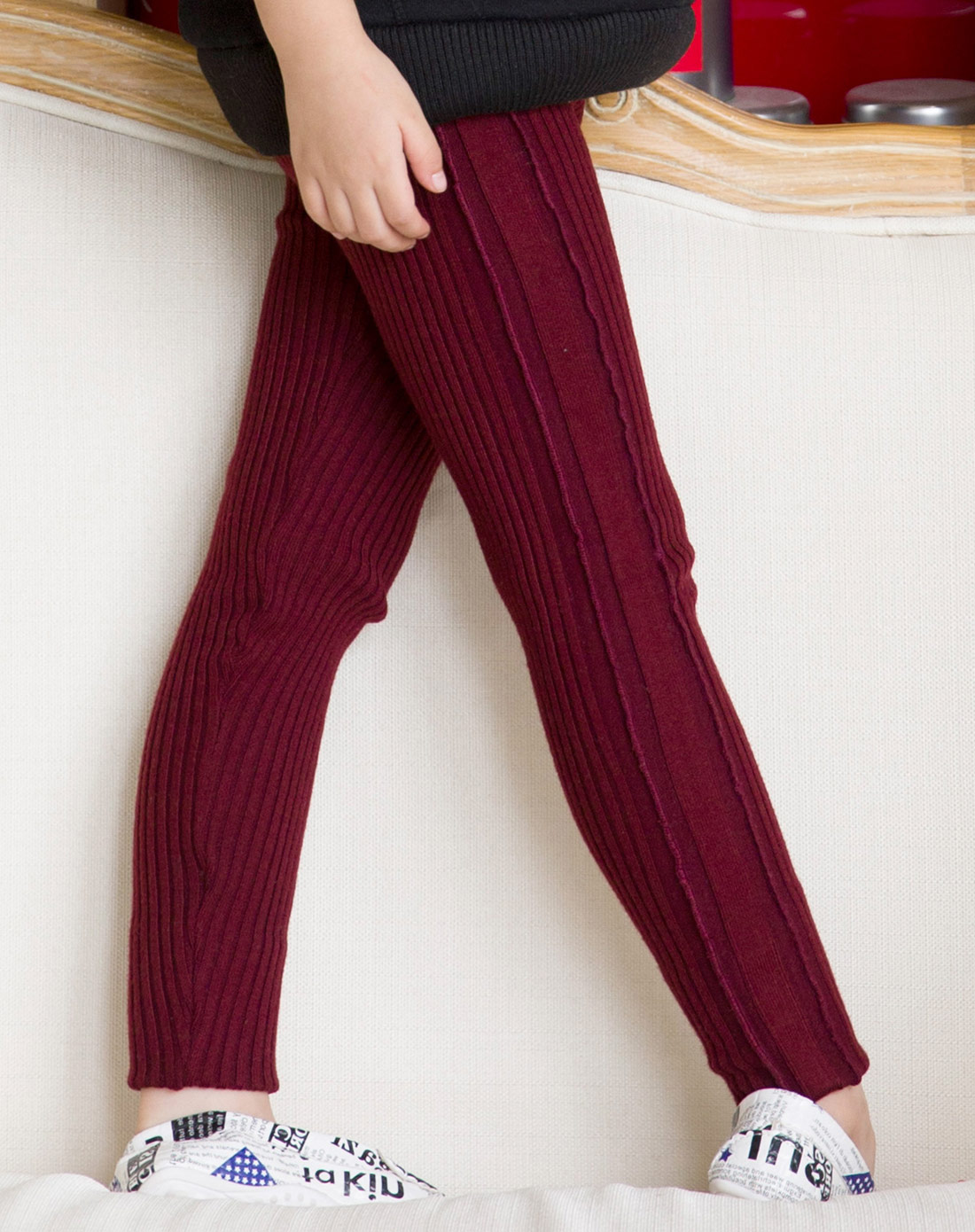女童酒红毛线打底裤