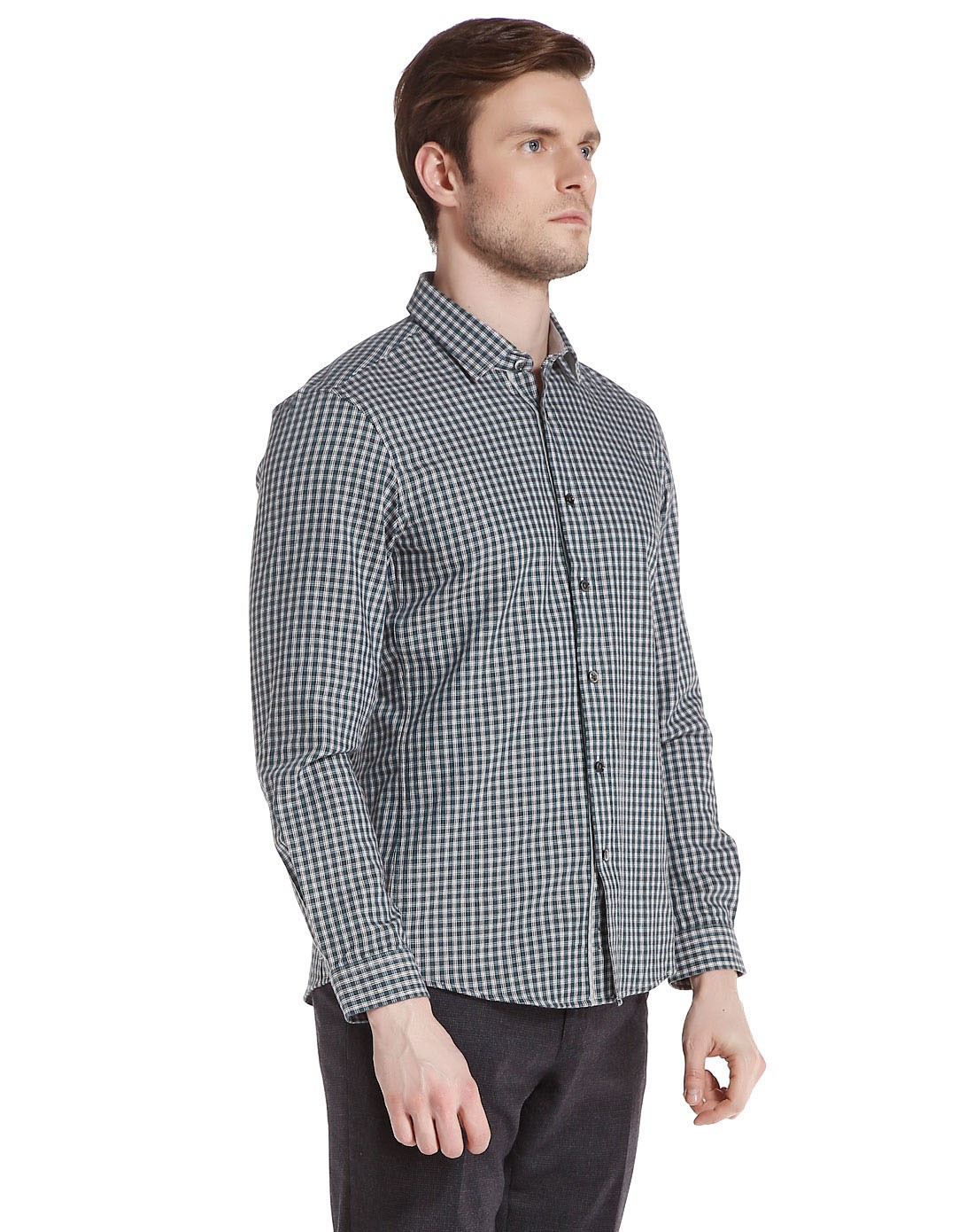 深绿/灰色韩版格纹长袖衬衫