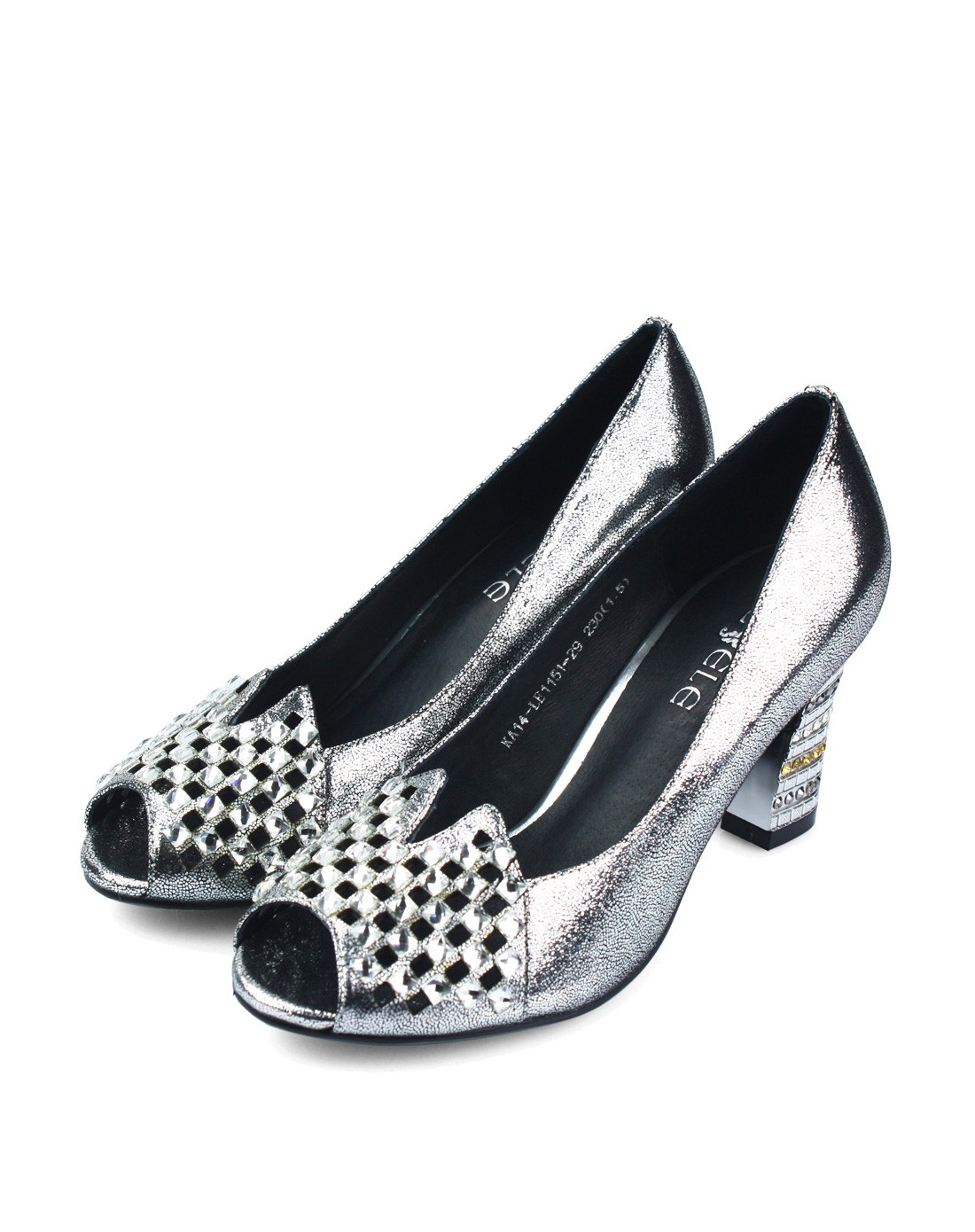 莱思丽lesele女鞋专场 > 银色金属牛皮闪耀水钻高跟鱼嘴鞋