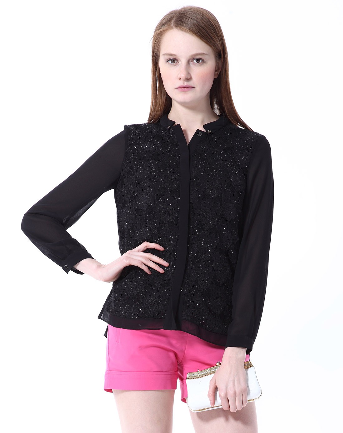 亨奴hono女装专场 亨奴hono 黑色简约蕾丝翻领长袖上衣