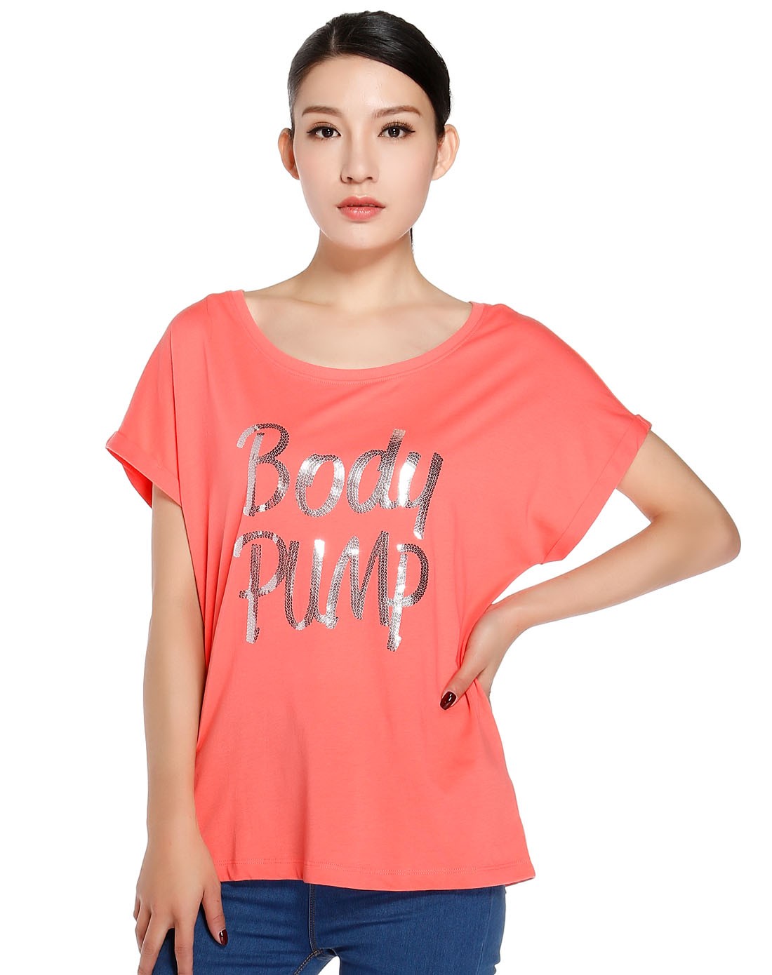 女款荧光红色短袖t恤 亮片训练系列