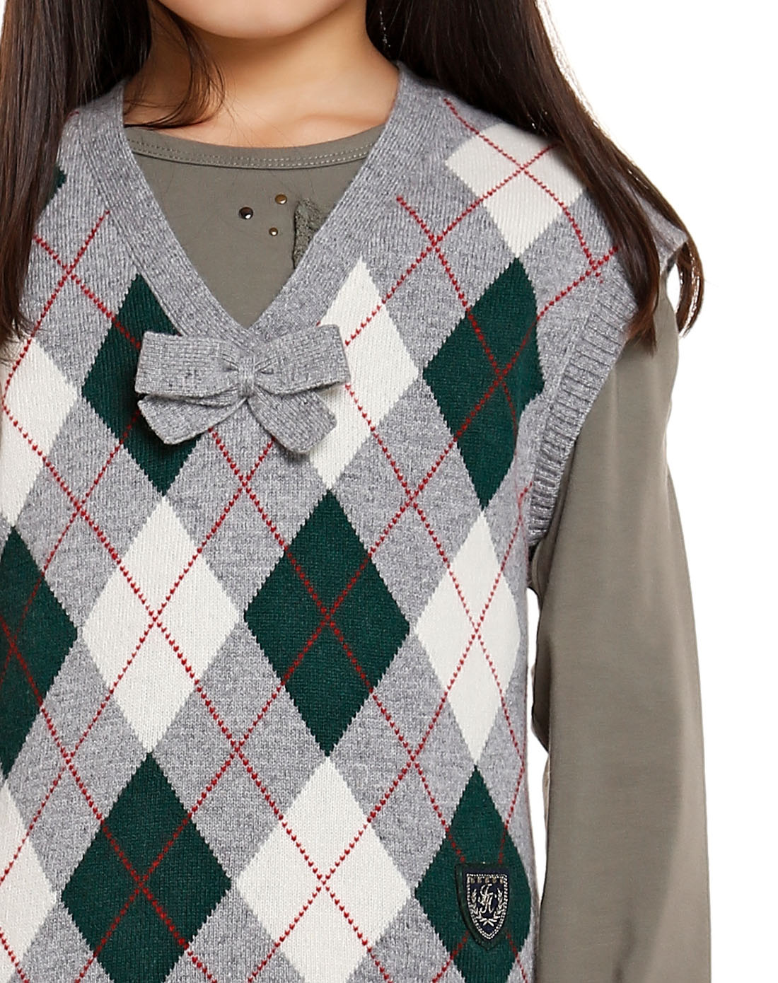 女童麻灰色小绅士菱格背心