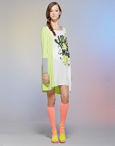 仙娉莱saplen孕妇荧光黄色印图拼色时尚长袖裙330481c12_唯品会